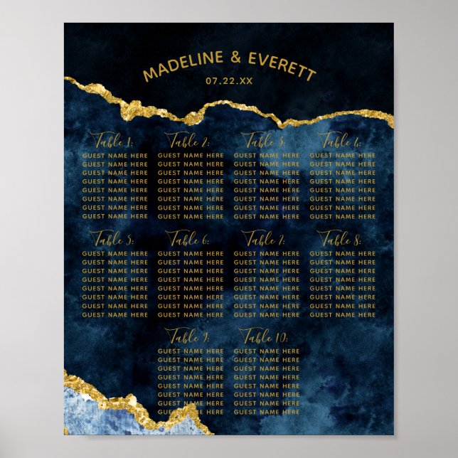 Hochzeitstisch-Seekarte für Navy Blue Gold Foil Poster (Vorne)