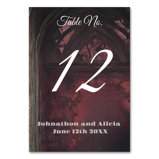 Hochzeitstischdekorationen im Gothstil Dark Moody Tischnummer (Vorderseite)