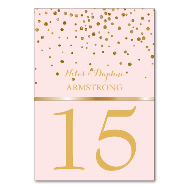 Hochzeitstischnummern | Blush Pink Gold Confetti Tischnummer (Vorderseite)
