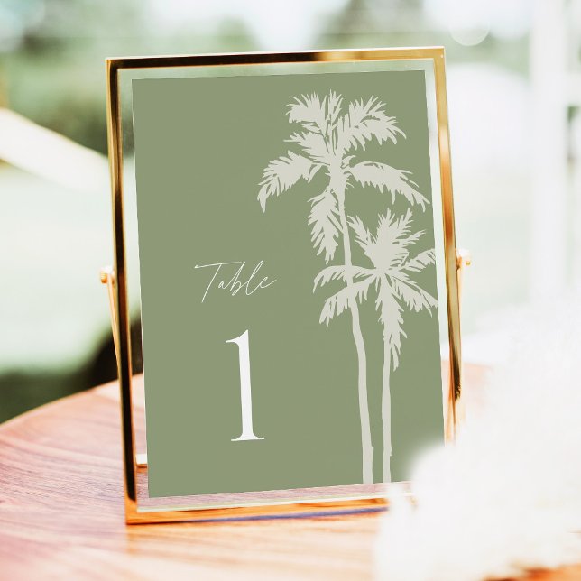 Hochzeitstischnummern mit Palme, Salbei-Tropisch (Palm Tree Wedding Table Numbers Sage Green Tropical Reception Sign Gold Frame Destination Decor)