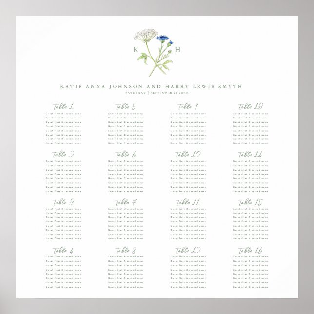 Hochzeitstischplan mit Wildblumen-Monogramm grün 1 Poster (Vorne)