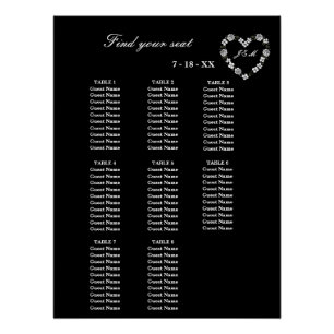 Hochzeitstischplan schwarz-weiß 8 Tische Poster