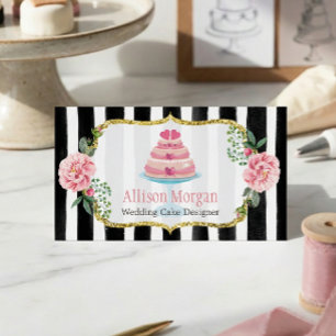 Hochzeitstorte Design Gold Rosa Floral Gestreift Visitenkarte