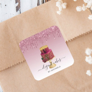 Hochzeitstorte Glitter-Drip Burgunder Bäckerei Quadratischer Aufkleber