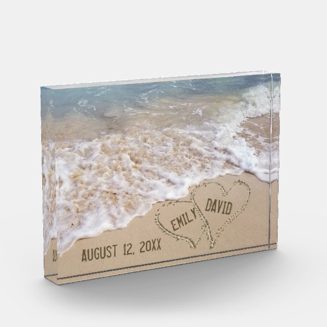 Hochzeitstrandherzen mit Namen Fotoblock (Links)