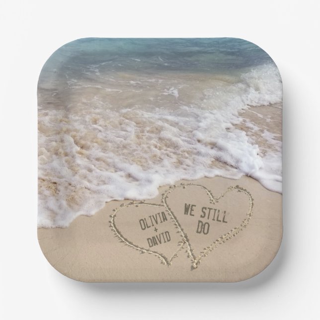 Hochzeitstrandherzen mit Namen Pappteller (Vorderseite)