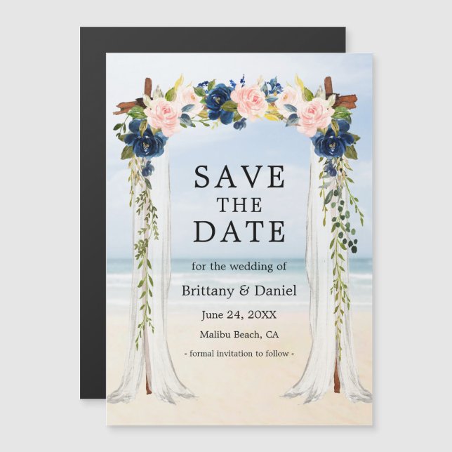 Hochzeitstrandpink Blue Floral Magnetkarte (Vorne/Hinten)