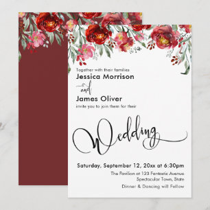 Hochzeitstypografie mit burgunderroten Blumen Einladung