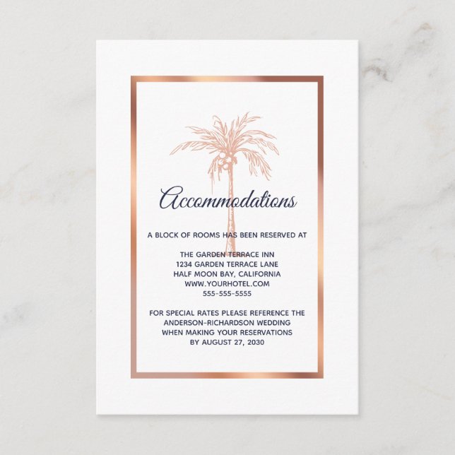 Hochzeitsunterkunft in Gold Palm Tree Navy Rose Begleitkarte (Vorderseite)