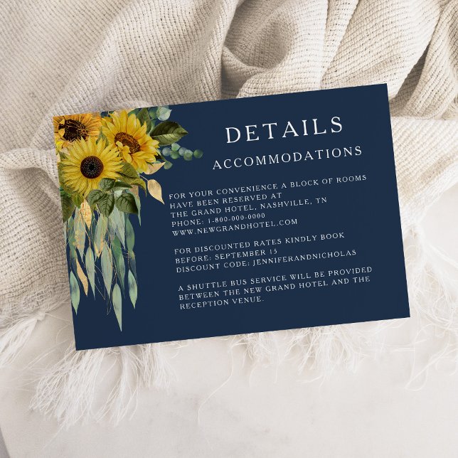 Hochzeitsunterkünfte für Hochzeitsreisende mit Bla Begleitkarte (Navy Blue Sunflower Wedding Accommodations Details Enclosure Card)