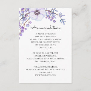 Hochzeitsunterkünfte mit Blumenbezug. Purpurblumen Begleitkarte