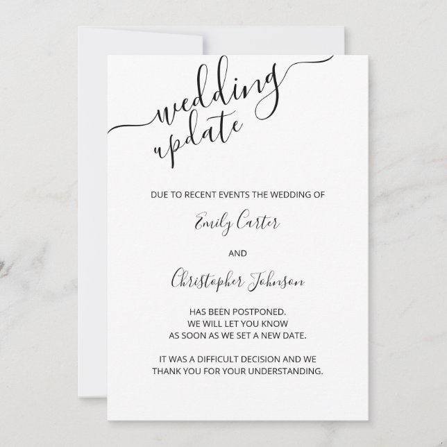 Hochzeitsupdate Elegante Script Postponement Card Save The Date (Vorderseite)