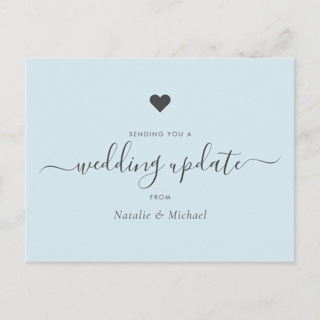 Hochzeitsupdate Postpone Elegantes Script Light Bl Postkarte (Vorderseite)