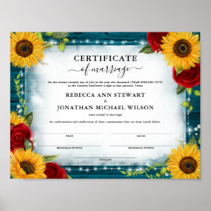 Hochzeitsurkunde für aquamarine Sonnenblumen-Rose Poster