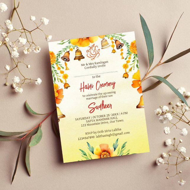 Hochzeitsvorlage für Haldi und Glocken Einladung (Haldi Indian wedding marigold and bells template invitation instant digital download yellow Ganesha)