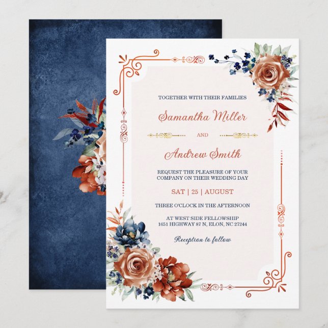 Hochzeitsvorlage für Navy Blue und Burnt Orange Go Einladung (Vorne/Hinten)