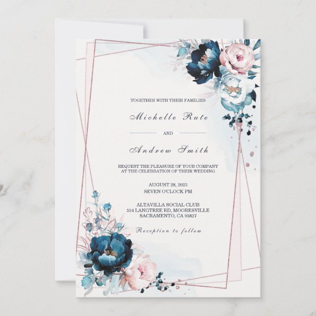 Hochzeitsvorlage für Navy Blue und Rose Gold Einladung (Vorderseite)