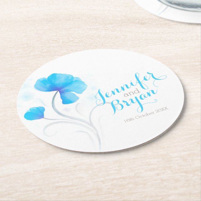 Hochzeitswasserfarbe Blume blaues Papier Untersetz Runder Pappuntersetzer (Angewinkelt)