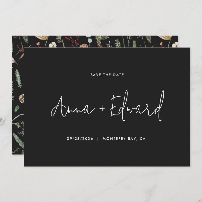 Hochzeitswasserfarbe botanisches Schwarz, modern m Save The Date (Vorne/Hinten)
