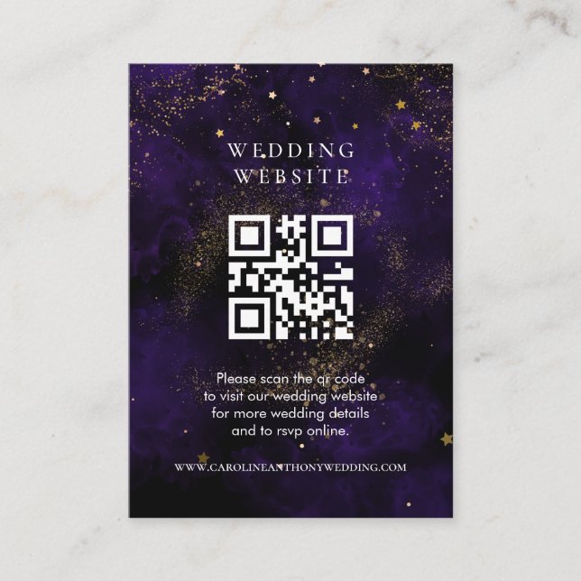 Hochzeitswebsite Qr Code Dunkle Lila magische Gold Begleitkarte (Vorderseite)