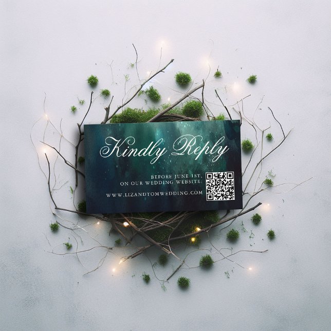 Hochzeitswebsite QR Code Verzauberte Gartenhochzei Begleitkarte (enchanted forest emerald wedding website rsvp card qr code elegant modern calligraphy formal magical)