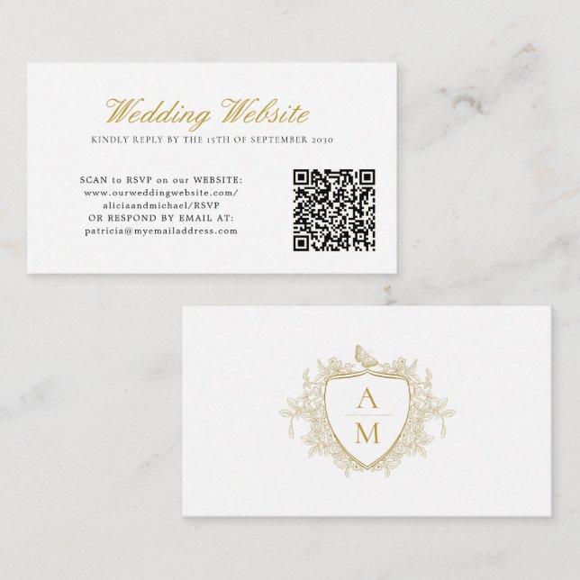Hochzeitswebsite QR-Code-Wappen Monogramm Hochzeit Begleitkarte (Vorne/Hinten)