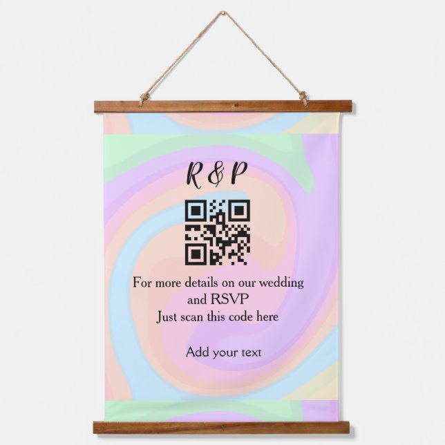 Hochzeitswebsite RSVP Q R Code Name Text hinzufüge Wandteppich Mit Holzrahmen (Vorderseite)