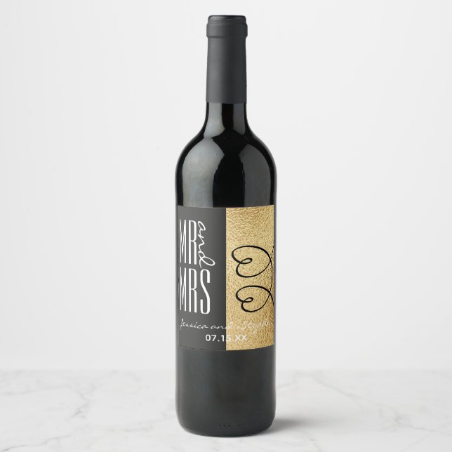 Hochzeitswein Flasche Etikett Elegantes Gold und H (Vorderseite)