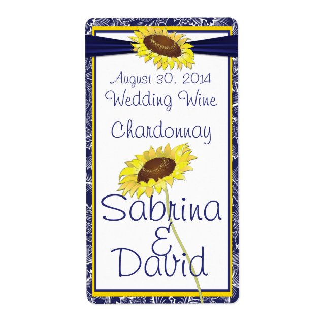 Hochzeitsweinlabel Royal Blue and Yellow Sunflower (Vorne)