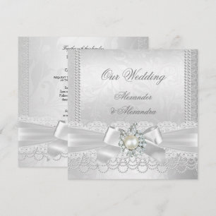Hochzeitsweiß Perlen-Spitze-Damaskus-Diamant-Silbe Einladung