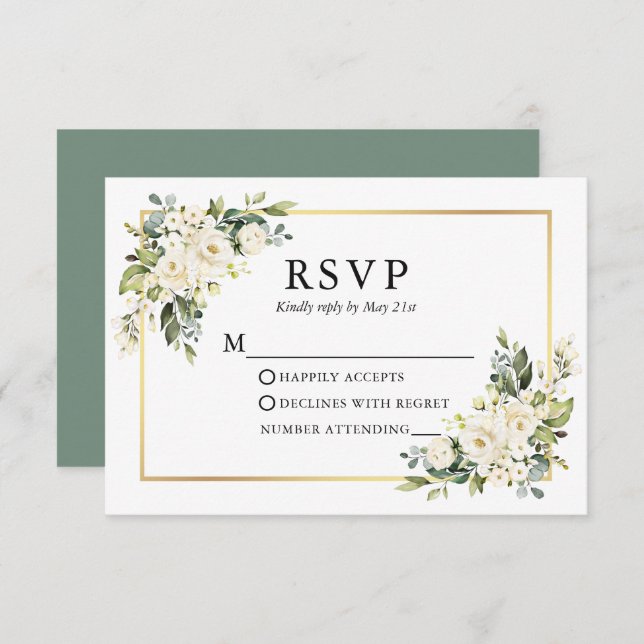 Hochzeitsweiße Flora Gold Sage Green RSVP Karte (Vorne/Hinten)