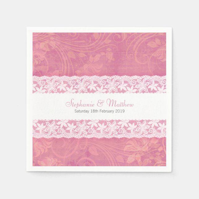 Hochzeitsweiße Spitze auf Lachs-Rosa-Papierserviet Serviette (Vorderseite)