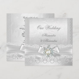 Hochzeitsweißpearl Lace Damask Diamond Silver Einladung