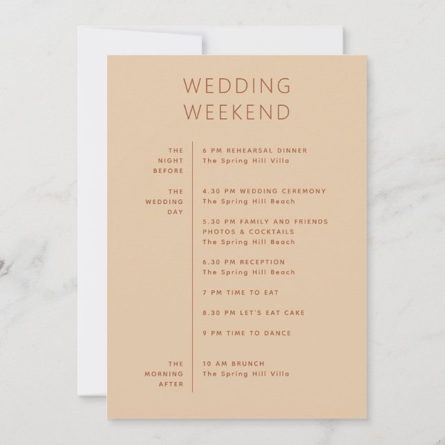 Hochzeitswochenende Fahrplan | Zeitplan Peach Sand Einladung (Rückseite)