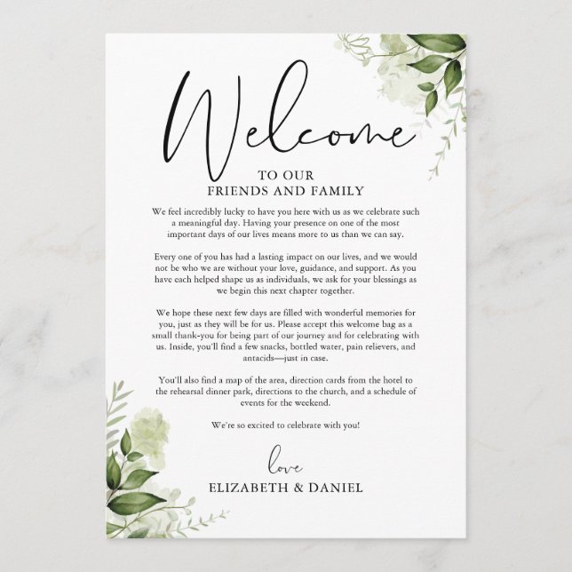 Hochzeitswochenende-Itinerary Grünzeug Floral Programm (Vorderseite)