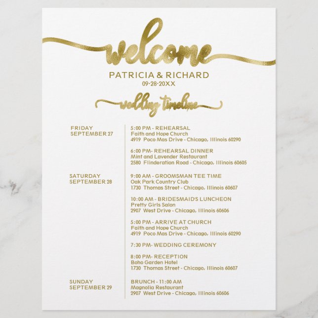 Hochzeitswochenende-Itinerary Simple Chic Zeitplan (Vorderseite)