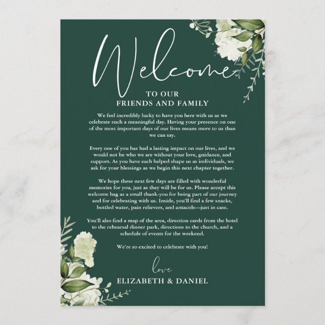 Hochzeitswochenende-Itinerary Smaragdgrün Floral Programm (Vorderseite)
