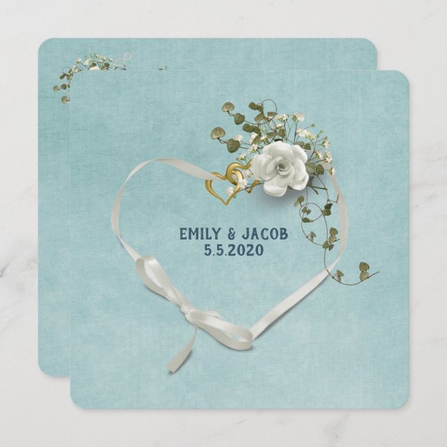 Hochzeitszange und Ringe mit Rosenbukett Einladung (Vorne/Hinten)