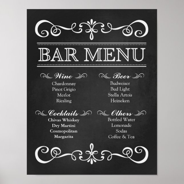 Hochzeitszeichen - Bar Menu Wedding Chalkboard Zei Poster (Vorne)