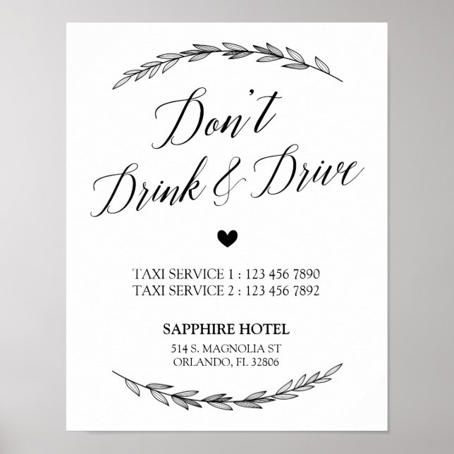Hochzeitszeichen - Don't’ Drink & Drive Laurel Zei Poster (Vorne)