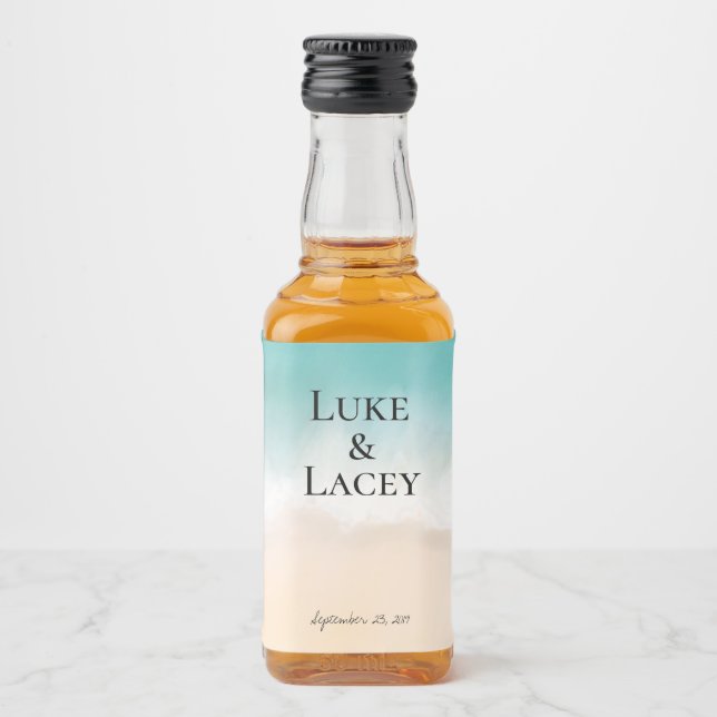 Hochzeitszeichen für Wasserfarben am Strand Alkoholflaschenetikett (Vorderseite)