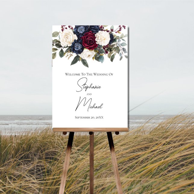 Hochzeitszeichen von Burgundy Navy Blue Cream Flor Poster (Burgundy Navy blue Cream White Floral Wedding Welcome sign poster.)