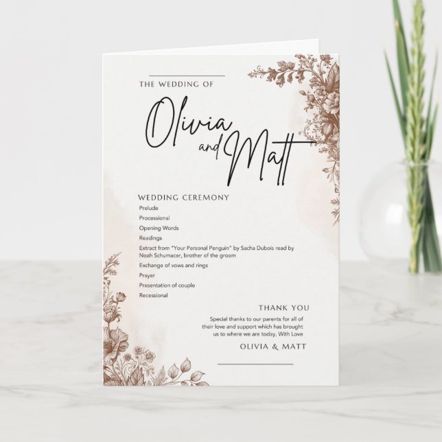 Hochzeitszeremonie-Programm – Elegantes Florales B Programm (Vorderseite)