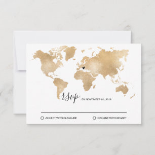 Hochzeitsziel Weltkarte Gold entfernbares Herz RSVP Karte