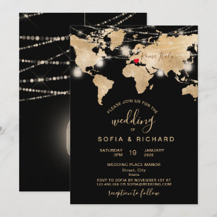 Hochzeitsziel Weltkarte Licht Glas und Herz Einladung