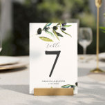Hochzeitszweig der Minimalistischen Olivenzweig-Ti Tischnummer<br><div class="desc">Diese Hochzeitsfeier Tischnummer ist mit Olivenbäumen in Aquarelltönen gestaltet. Verwenden Sie die einfachen Vorlagenfelder,  um Ihre individuelle Namen,  das Hochzeitsdatum und die Tischnummern hinzuzufügen. Besuchen Sie www.zazzle.com/dotellabelle Kunst und Design der Wasserfarben von Victoria Grigaliunas,  um die komplette rustikale Hochzeitssuite zu sehen</div>