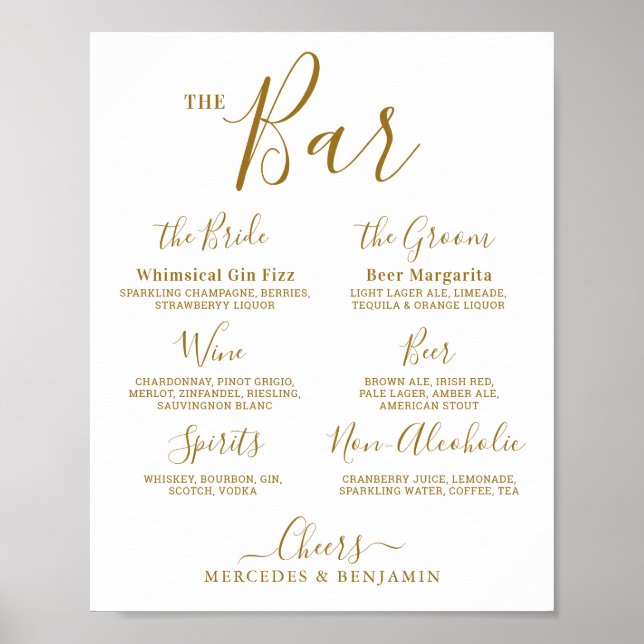 Hochzeitunterschrift Drink Personalisiert Gold Bar Poster (Vorne)