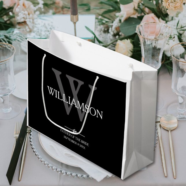 Hochzeitvater der Bride-Geschenk-Monogramm-Klasse Große Geschenktüte (Father Of The Bride Wedding Gift - Monogram and Date Classy Large Black, White and Gray Gift Bag.)