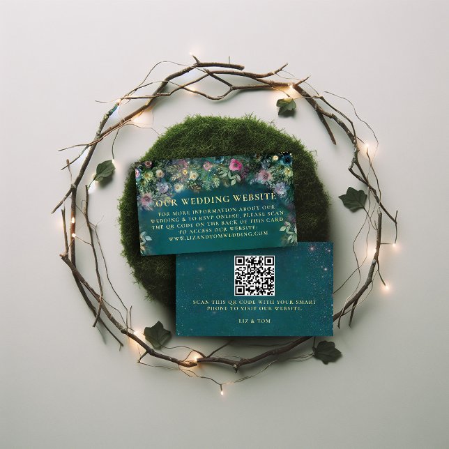 Hochzeitwebsite QR Code Verzauberter Forst Rose Ar Begleitkarte (wedding website enclosure enchanted forest fairy tale woodland magical garden emerald green gold)