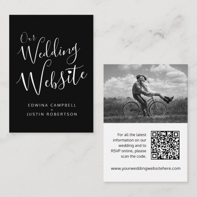 Hochzeitwebsite Schwarz-weißer QR-Code Begleitkarte (Vorne/Hinten)